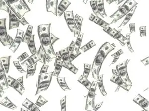 A print with floating US one hundred dollar bills