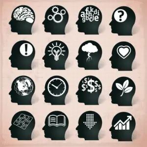 A print with 16 silhouette heads with different items representing the thoughts