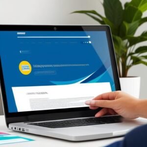 Laptop with a woman's hand near it