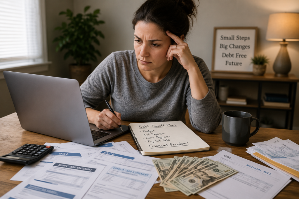 A woman sits at a table with a laptop, bills, cash, a calculator, and a notebook titled “Debt Repayment Plan,” looking concerned and taking notes as she searches for ways to achieve debt relief and regain her financial freedom. | Money Habits For Me A woman sits at a table with a laptop, bills, cash, a calculator, and a notebook titled “Debt Repayment Plan,” looking concerned and taking notes as she searches for ways to achieve debt relief and regain her financial freedom.