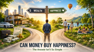 Man stands at a split road toward wealth or happiness, with a money and investments display on the left and a family enjoying a park on the right, caption about money and happiness.