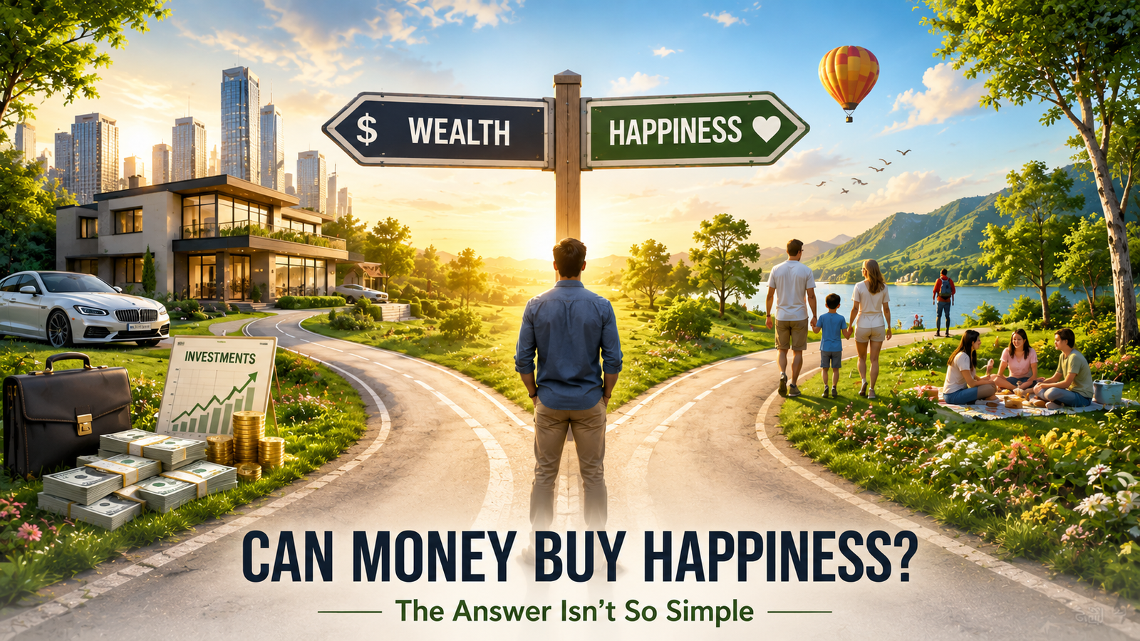 A man stands at a fork in the road, choosing between wealth and happiness, confronted by the enduring myth that you can buy happiness. One path leads to money and luxury, while the other guides him toward family and nature. A city and a countryside unfold in the background, reflecting his choices. | Money Habits For Me Man stands at a split road toward wealth or happiness, with a money and investments display on the left and a family enjoying a park on the right, caption about money and happiness.