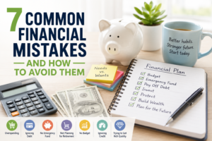 A piggy bank, money, calculator, and a notepad labeled “Financial Plan” with a checklist; text highlights seven common financial mistakes and practical ways to avoid financial mistakes.