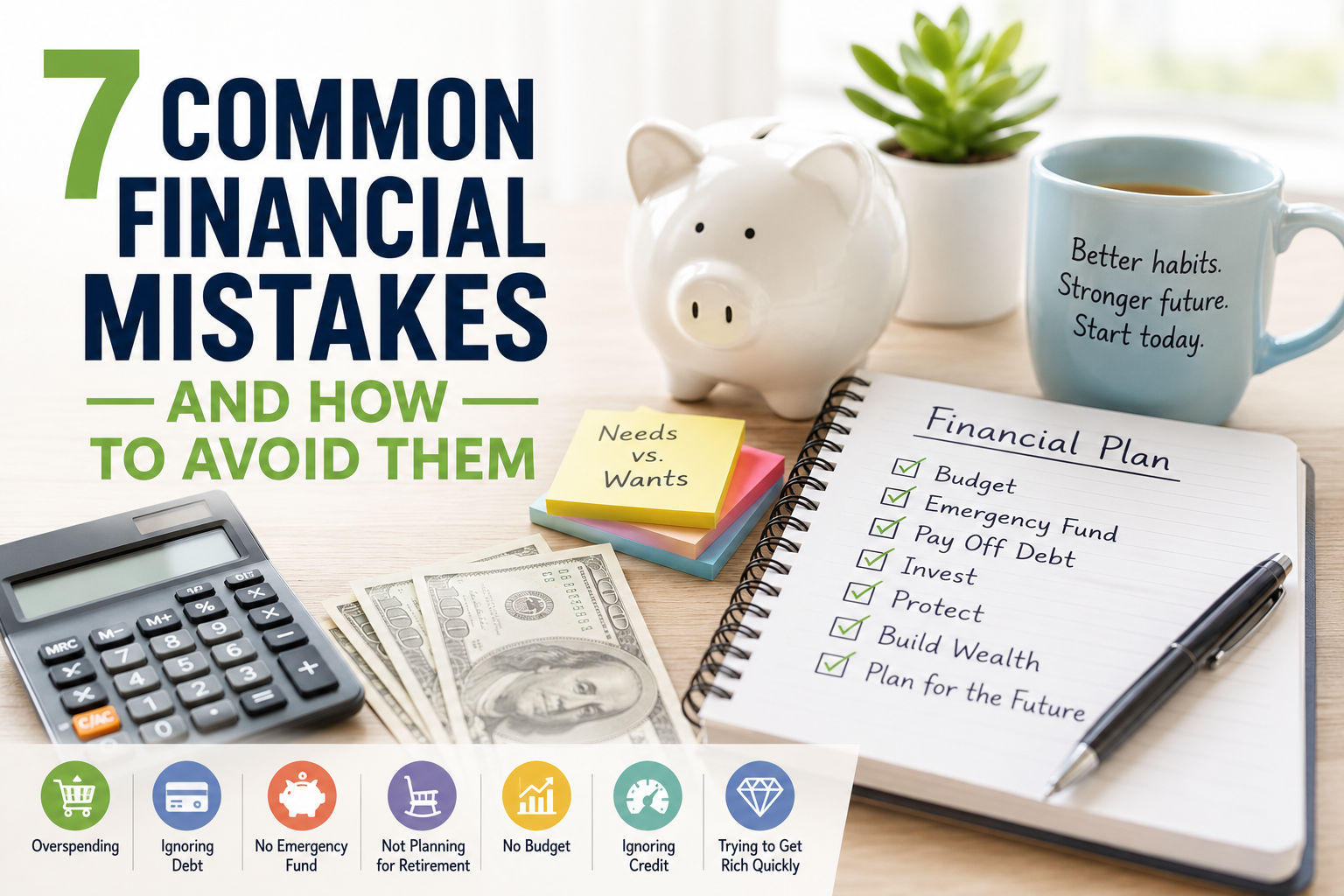 A piggy bank, money, calculator, and a notepad labeled “Financial Plan” with a checklist; text highlights seven common financial mistakes and practical ways to avoid financial mistakes.
