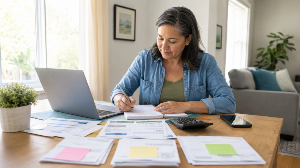 A woman sits at a table with a laptop, papers, calculator, and phone, writing notes while reviewing documents in a well-lit living room as she considers practical steps to get help with bills. | Money Habits For Me A woman sits at a table with a laptop, papers, calculator, and phone, writing notes while reviewing documents in a well-lit living room as she considers practical steps to get help with bills.