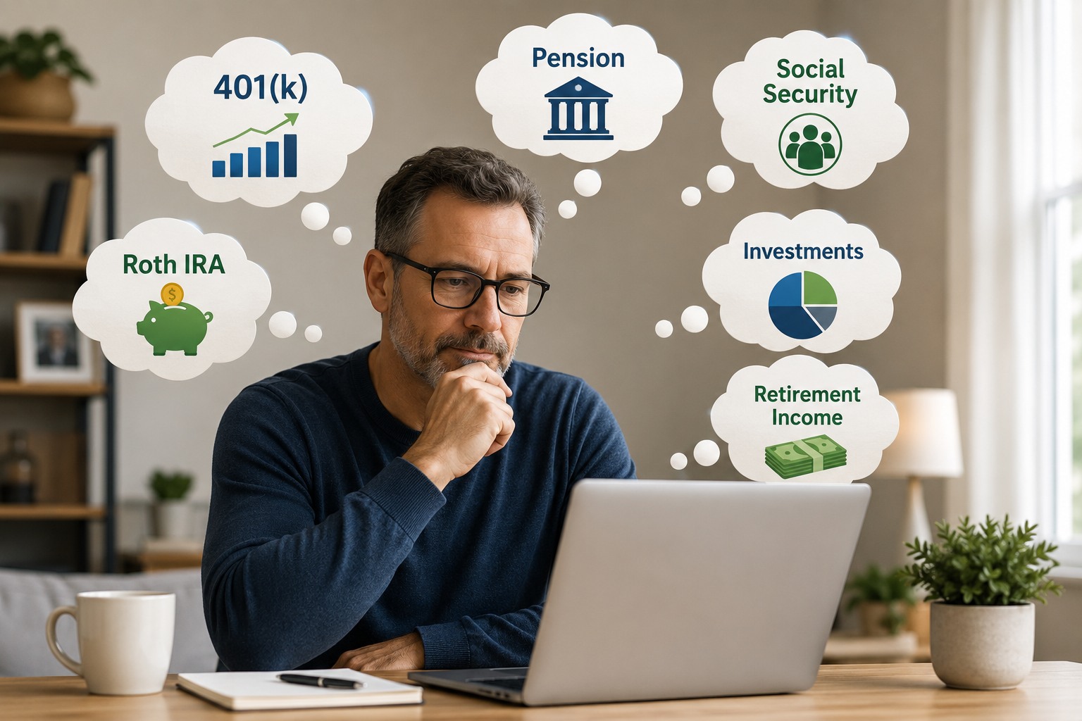 Middle-aged man sitting at a desk with a laptop, thinking about financial topics including 401(k), pension, Social Security, Roth IRA, investments, and retirement income—plus concerns about how much to retire and the impact of a cost-of-living crisis—shown in thought bubbles. | Money Habits For Me Middle-aged man sitting at a desk with a laptop, thinking about financial topics including 401(k), pension, Social Security, Roth IRA, investments, and retirement income—plus concerns about how much to retire and the impact of a cost-of-living crisis—shown in thought bubbles.