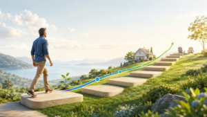 A man walks up stone steps on a grassy hill toward a house, with an upward graph overlay symbolizing growth and progress—perfectly capturing the journey of investing for beginners as they start investing in their future.