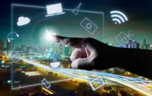 Man touching illustrating social media presentation with his finger on virtual screen , cyber concept background . city skyline background .