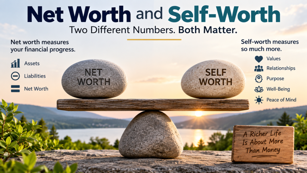 Two stones labeled Net Worth and Self-Worth balance on a board above a rock, symbolizing the delicate equilibrium between net worth and self-worth. Text compares financial and personal values, with meaningful symbols set against a tranquil sunset lake background.