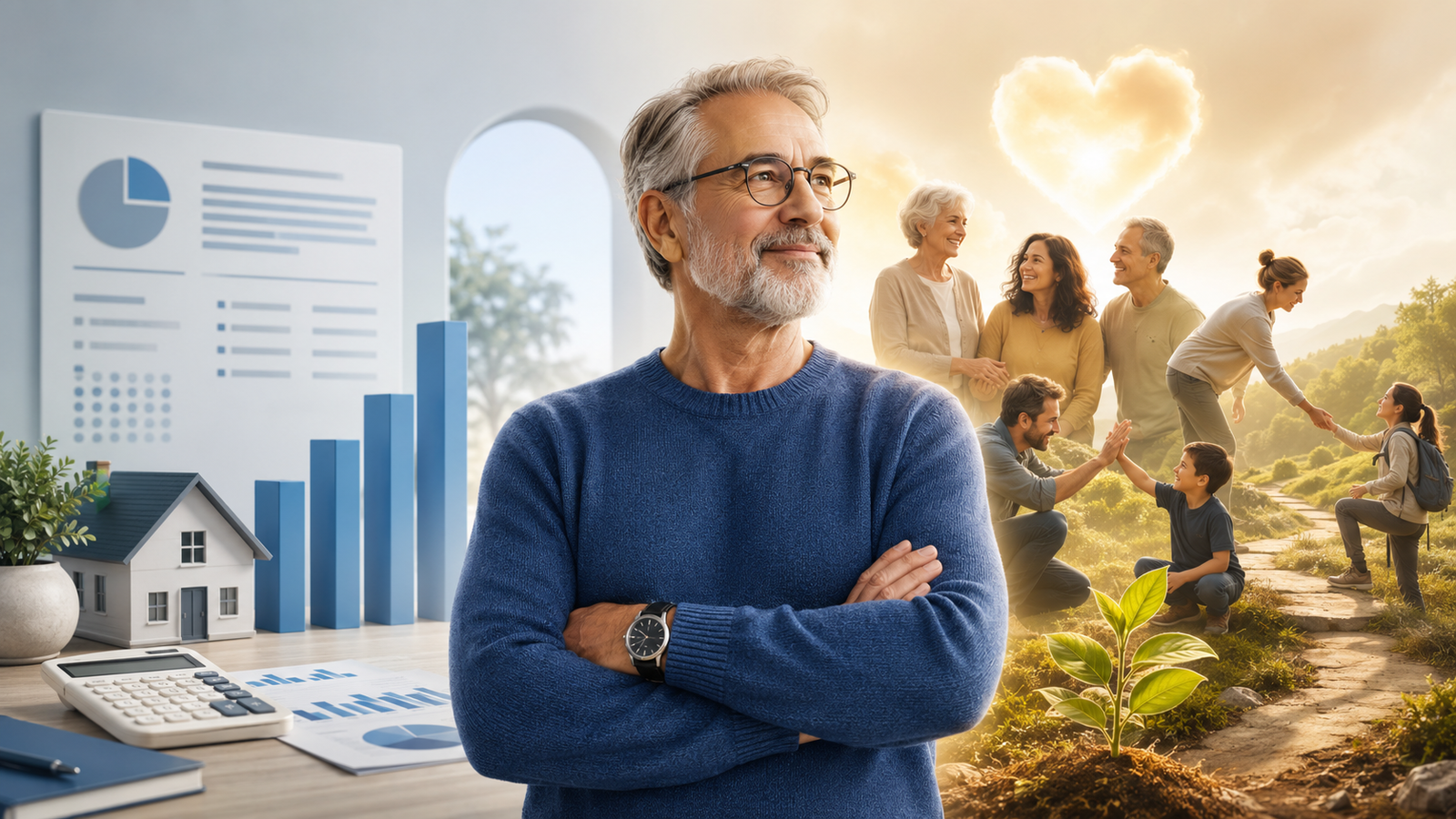 A man stands confidently with arms crossed; behind him are financial charts and a calculator, symbolizing his journey toward personal wealth, while a group of people, young and old, gather outside under a heart-shaped cloud. | Money Habits For Me A man stands confidently with arms crossed; behind him are financial charts and a calculator, symbolizing his journey toward personal wealth, while a group of people, young and old, gather outside under a heart-shaped cloud.