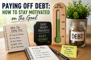 Desk with a debt payoff checklist, action plan, motivational notes, a debt thermometer showing 100% paid, and a jar labeled “debt” filled with coins—everything you need to celebrate being debt free and on the road to financial freedom.