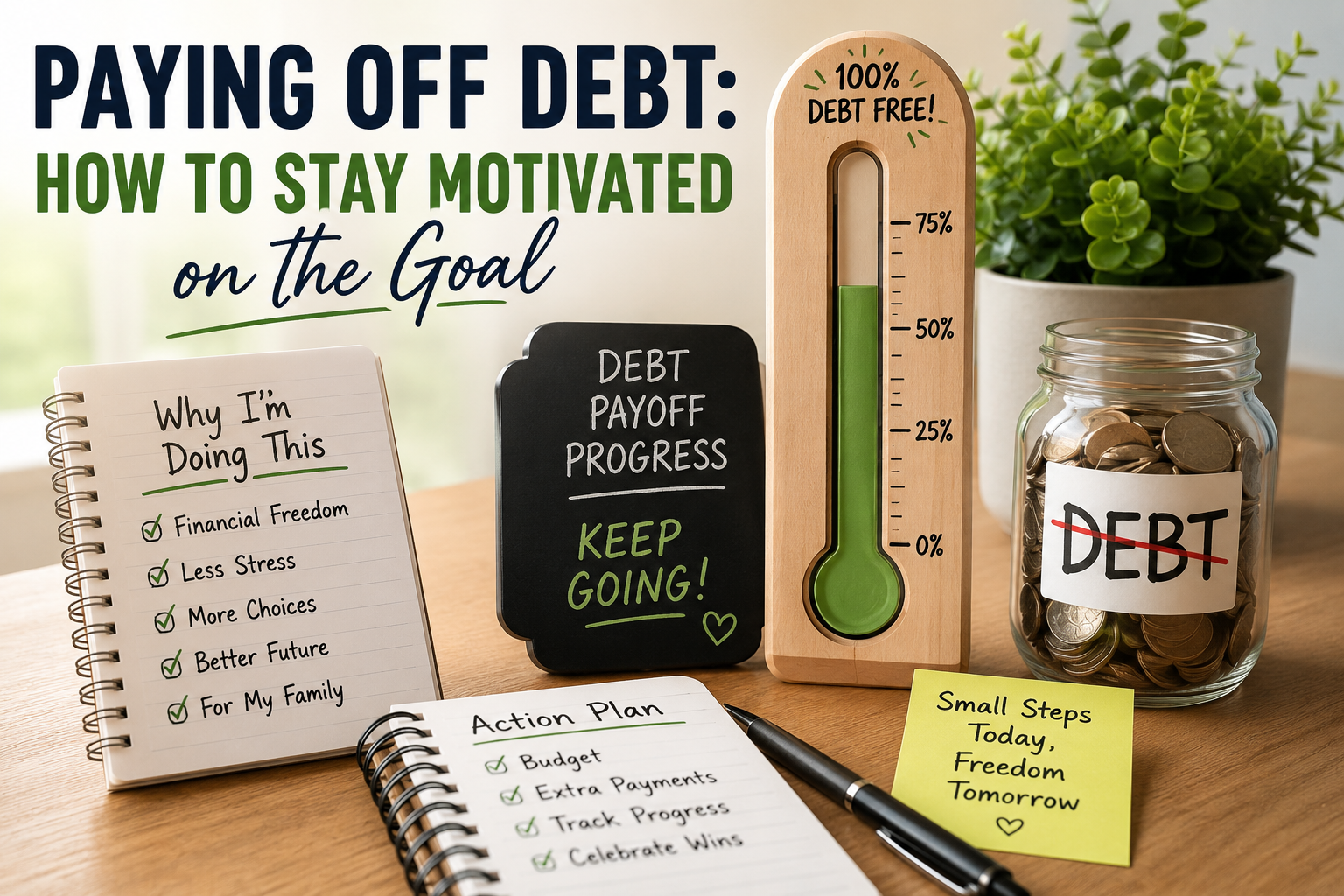 Desk with a debt payoff checklist, action plan, motivational notes, a debt thermometer showing 100% paid, and a jar labeled “debt” filled with coins—everything you need to celebrate being debt free and on the road to financial freedom. | Money Habits For Me Desk with a debt payoff checklist, action plan, motivational notes, a debt thermometer showing 100% paid, and a jar labeled “debt” filled with coins—everything you need to celebrate being debt free and on the road to financial freedom.