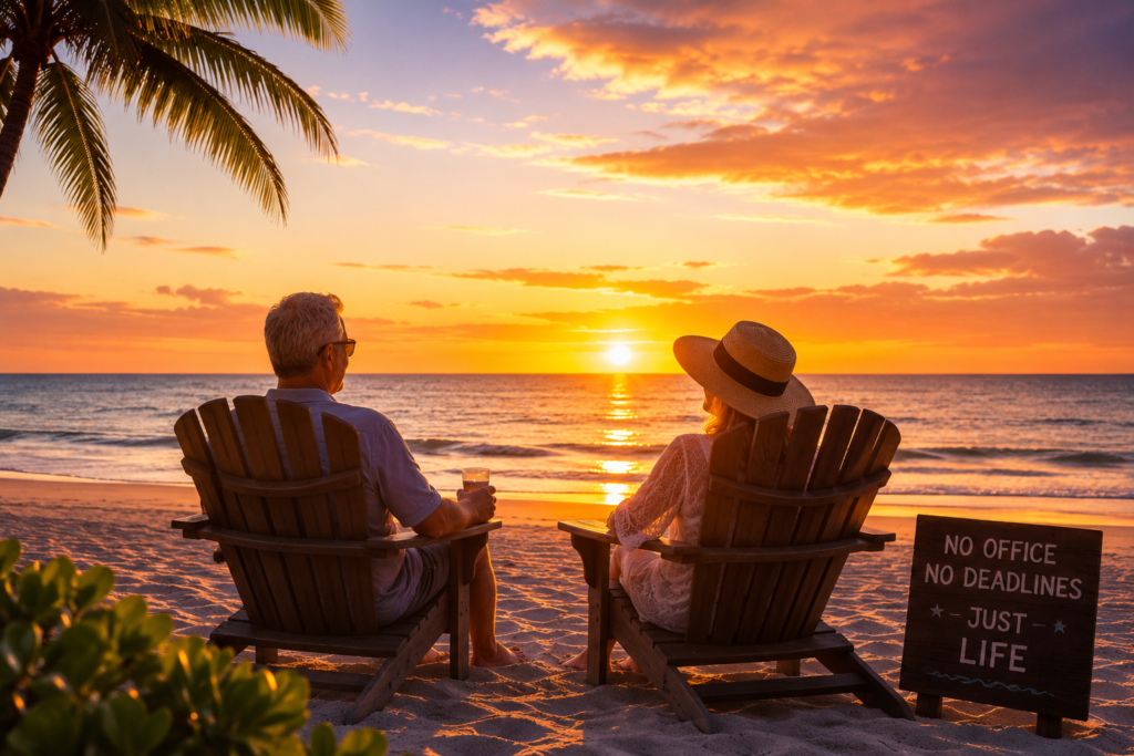 Two people sit in wooden chairs on a beach at sunset, holding drinks. A sign next to them reads "No office, no deadlines, just life." Palm trees and a calm ocean are in the background—a peaceful escape that many dream of when considering how much to retire comfortably, even amid today’s cost-of-living crisis. | Money Habits For Me Two people sit in wooden chairs on a beach at sunset, holding drinks. A sign next to them reads "No office, no deadlines, just life." Palm trees and a calm ocean are in the background—a peaceful escape that many dream of when considering how much to retire comfortably, even amid today’s cost-of-living crisis.