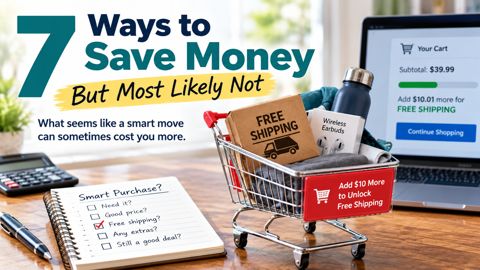 A shopping cart with items sits on a desk next to a checklist and a laptop showing an online checkout page with free shipping highlighted, offering helpful tips for saving money while you shop.