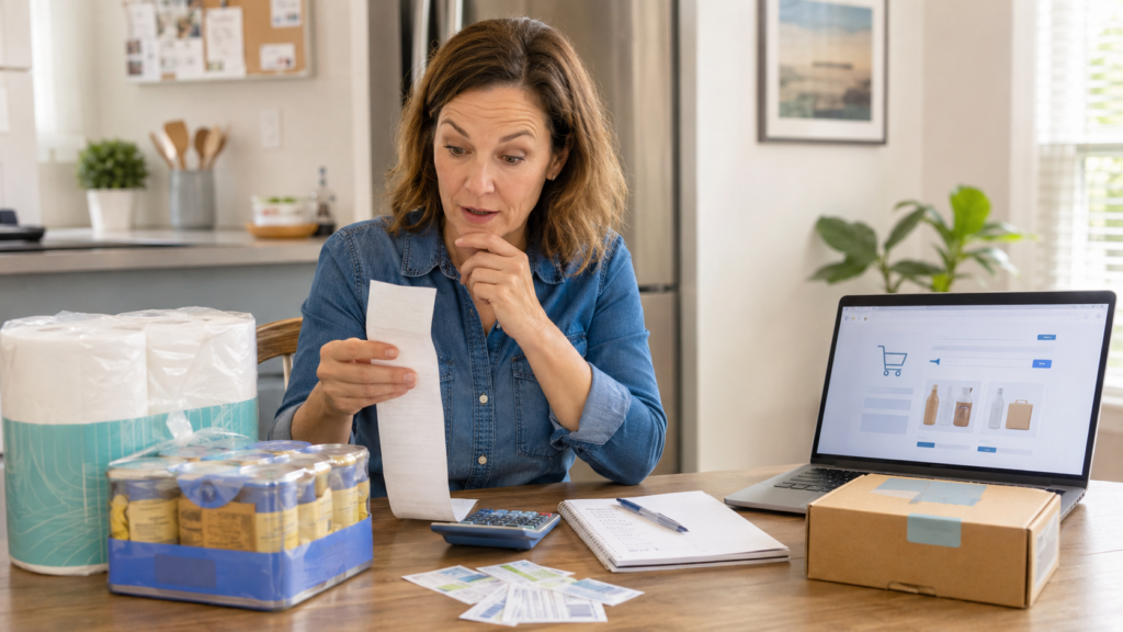 Woman at table with groceries, calculator, and laptop, reviewing a receipt with a thoughtful expression as she considers money tips to avoid financial mistakes and start saving money. | Money Habits For Me Woman at table with groceries, calculator, and laptop, reviewing a receipt with a thoughtful expression as she considers money tips to avoid financial mistakes and start saving money.