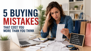 A woman sitting at a table looks stressed while reviewing receipts, with shopping bags, papers, and a laptop nearby. Text lists five common buying mistakes and highlights essential buying tips to help you avoid unnecessary cost.