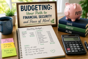 A budgeting workspace with a notebook, calculator, piggy bank, and signs related to saving and financial planning on a desk—perfect for building financial security and achieving peace of mind.