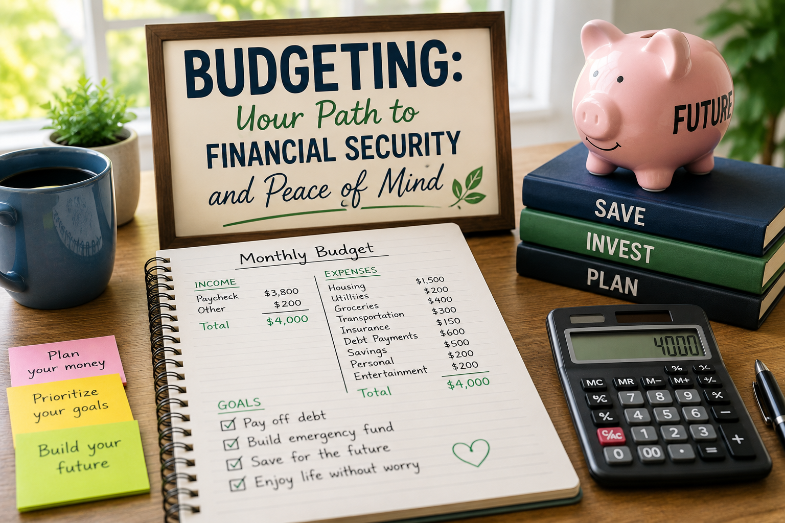 A budgeting workspace with a notebook, calculator, piggy bank, and signs related to saving and financial planning on a desk—perfect for building financial security and achieving peace of mind.