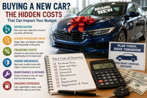 A blue car with a red bow sits in a showroom, surrounded by a calculator, clipboard listing ownership costs, cash, keys, and a sign highlighting hidden costs to consider when buying a car.