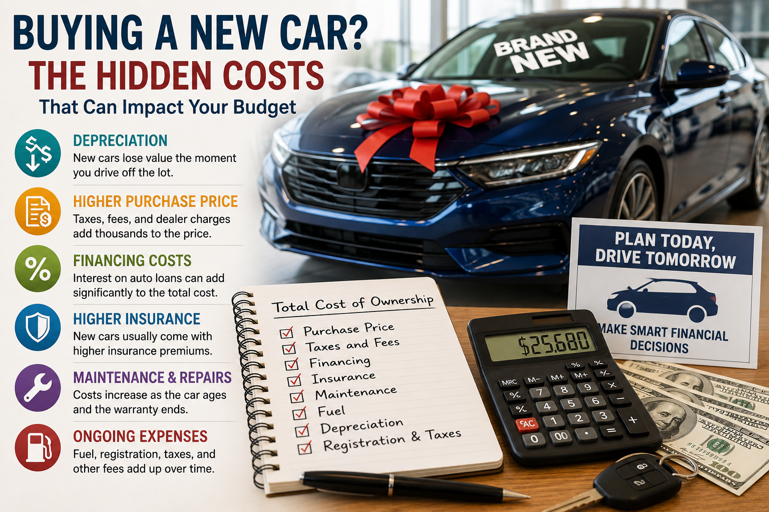 A blue car with a red bow sits in a showroom, surrounded by a calculator, clipboard listing ownership costs, cash, keys, and a sign highlighting hidden costs to consider when buying a car.