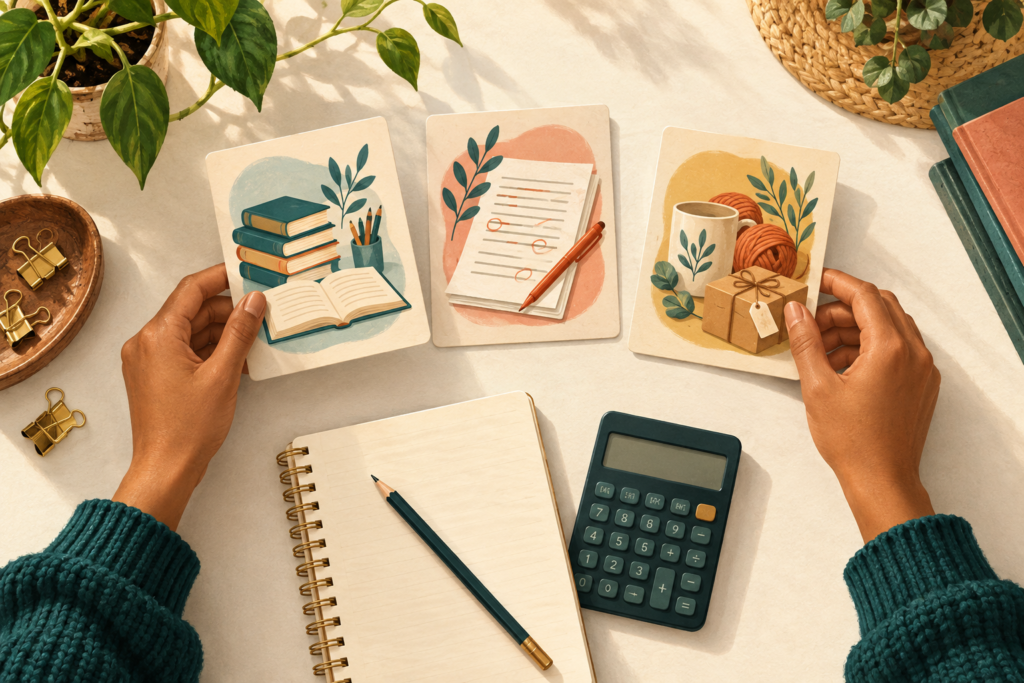 Extra income ideas illustrated by tutoring, proofreading, and handmade goods.
