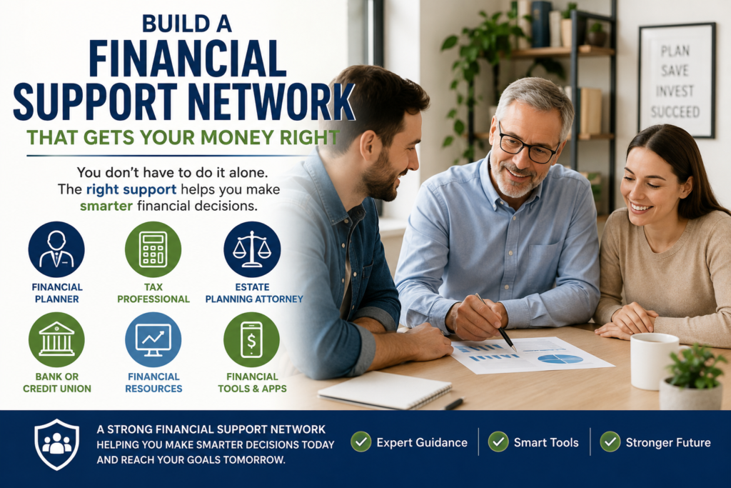 Three people sit at a table discussing financial documents, surrounded by icons and text about building a strong foundation for their future with expert financial advisors and smart tools.