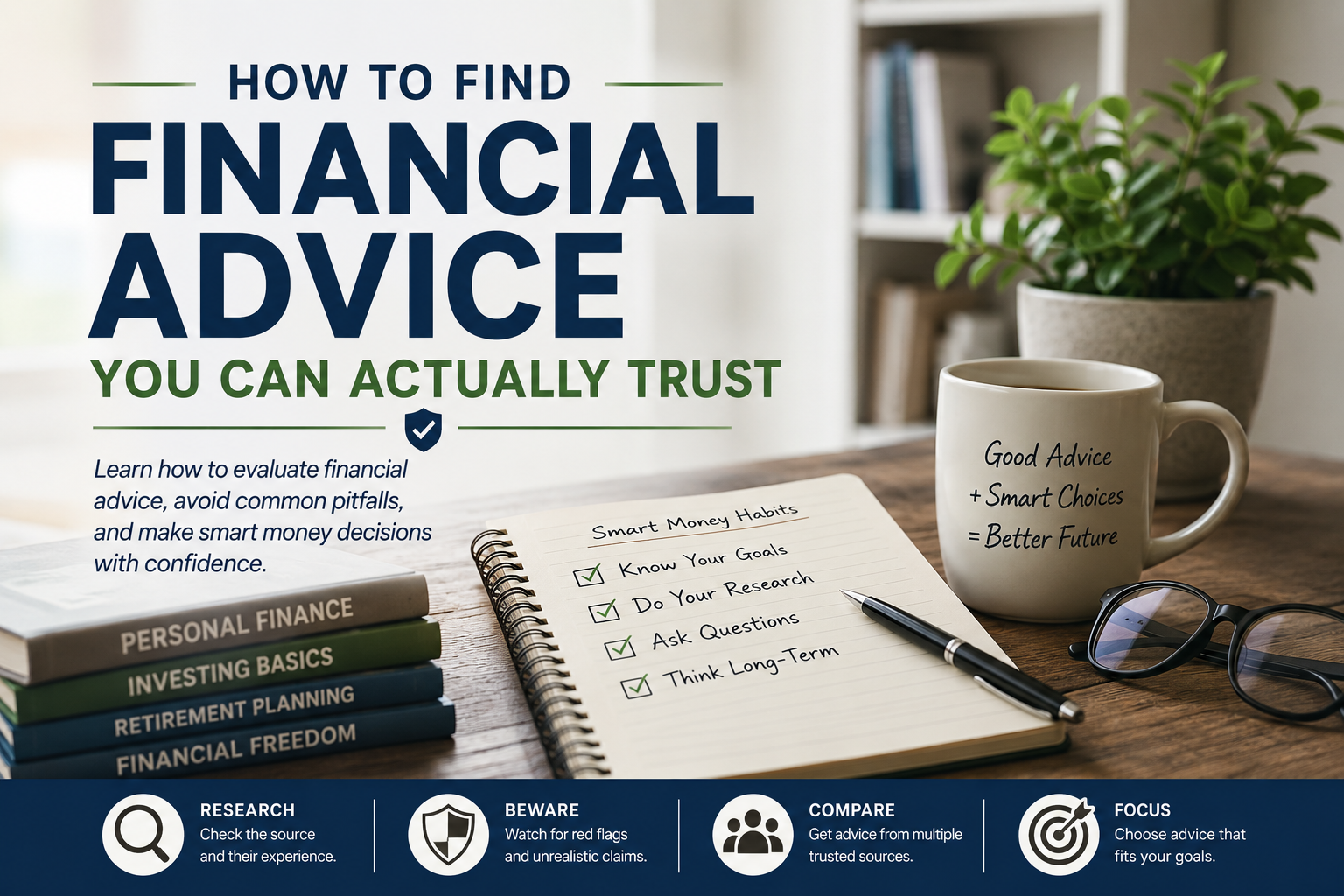 A desk with a notebook, pen, eyeglasses, and a mug. The text promotes trustworthy financial advice from recognized money authorities and offers tips for smart money habits and making informed decisions about your finances.