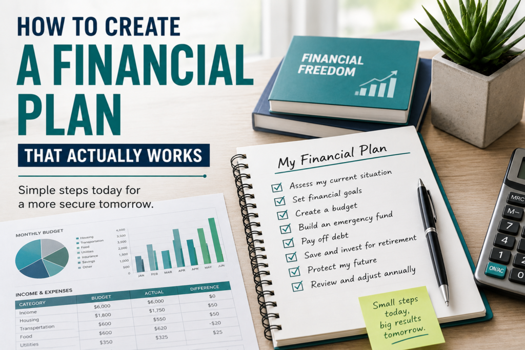 Poster about financial planning with bold text 'How to create A FINANCIAL PLAN that actually works,' plus a notebook checklist, charts, and a calculator on a desk.