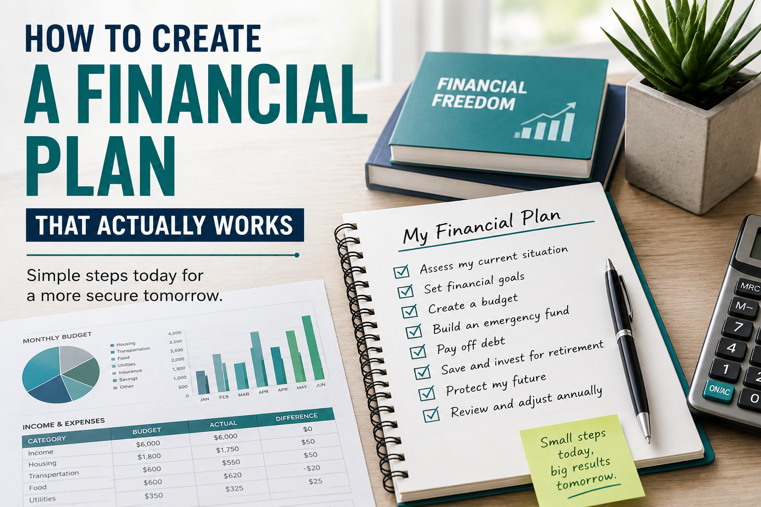 Poster about financial planning with bold text 'How to create A FINANCIAL PLAN that actually works,' plus a notebook checklist, charts, and a calculator on a desk.