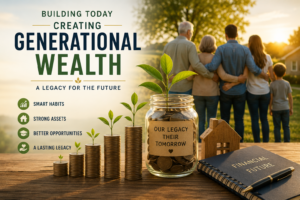 Stacks of coins, jars with plants, and a family standing by a lake at sunset. Text discusses creating generational wealth through smart habits, strong assets, opportunities, and building a lasting legacy for the future.
