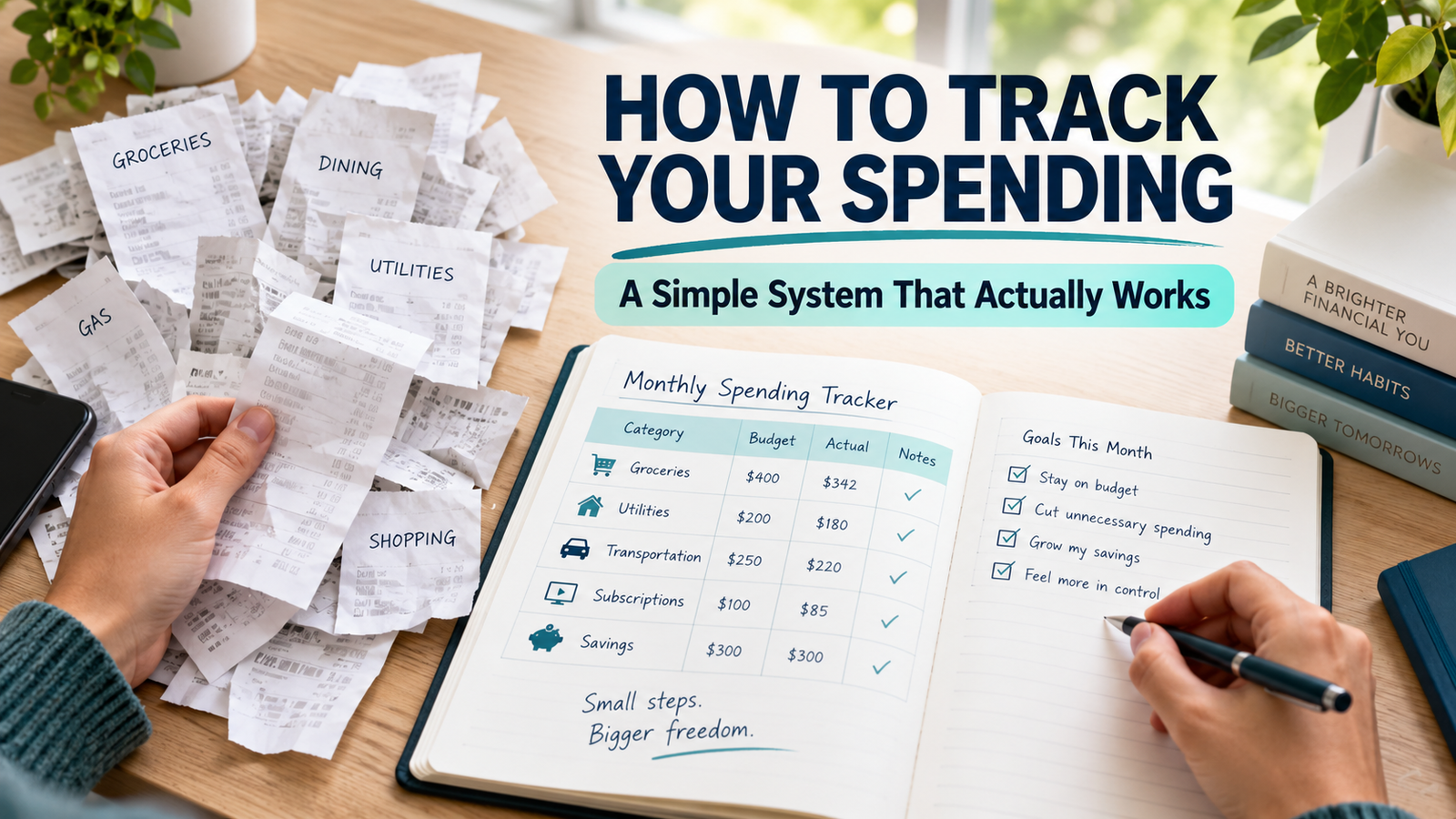 Person tracking expenses using receipts and a monthly spending tracker notebook, with helpful tips and goals for managing finances on a table—offering practical advice on how to track your spending effectively.