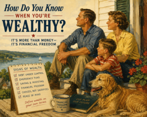 Vintage-style poster of a family and their dog on a porch by a lake, with bold text: 'How Do You Know When You're Wealthy?' and a board listing 'Signs of Wealth' like debt under control, emergency fund, and financial freedom.