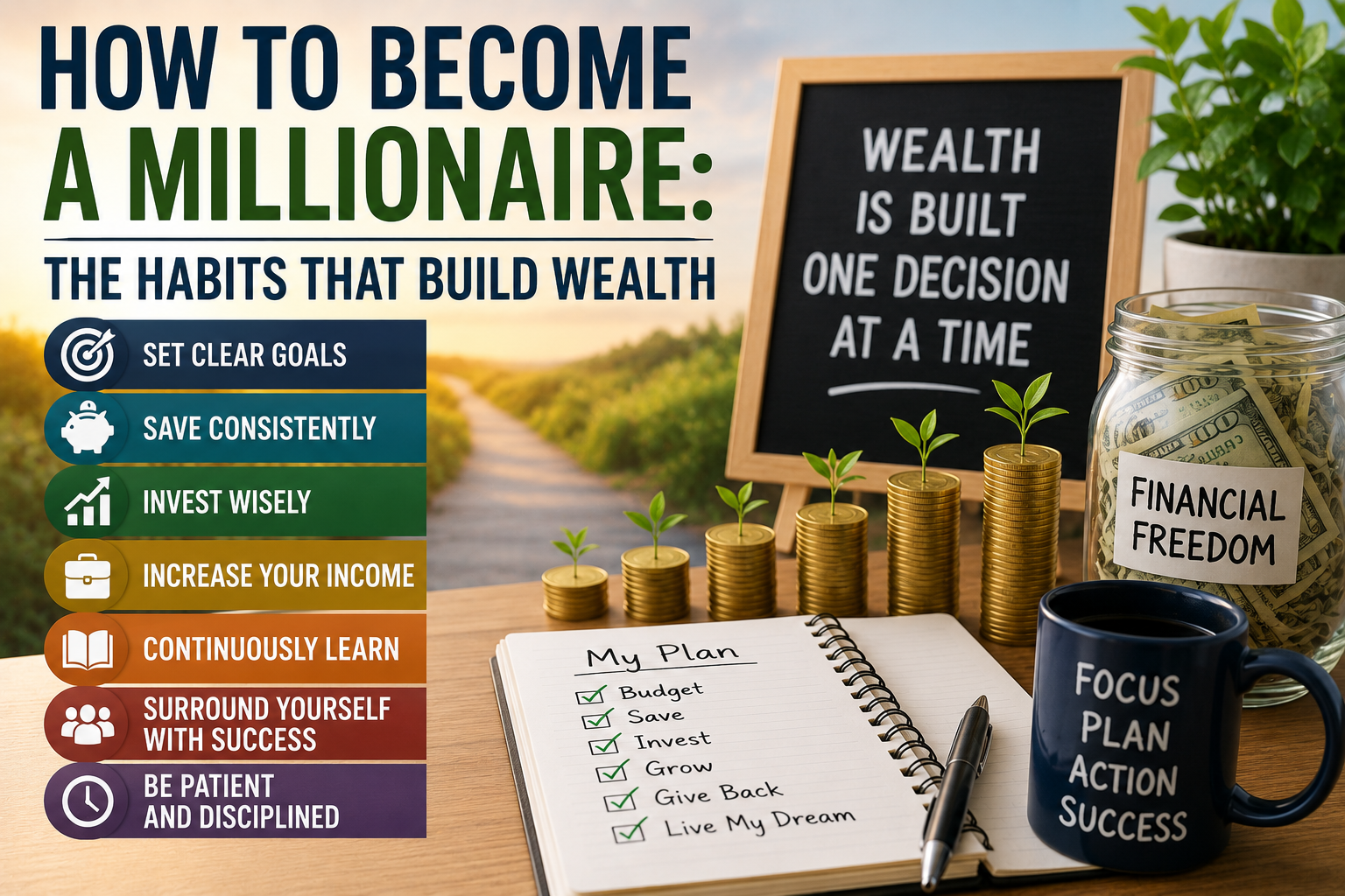 Checklist titled “How to Become a Millionaire” with icons, stacked coins, a jar labeled “Financial Freedom,” a chalkboard, plants, and a mug reading “Focus Plan Action Success”—a visual millionaire guide illustrating key steps on how to become a millionaire.