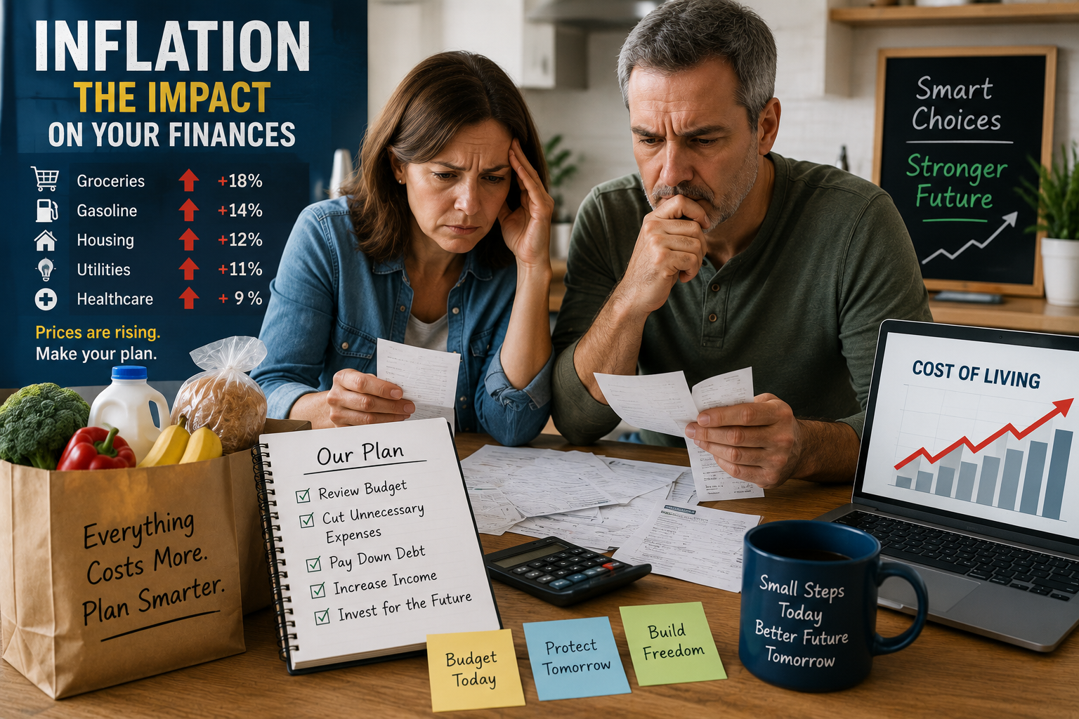 A worried couple reviews bills at a kitchen table with charts, groceries, and a notepad listing steps to manage rising inflation and the economic impact of increasing costs of living.