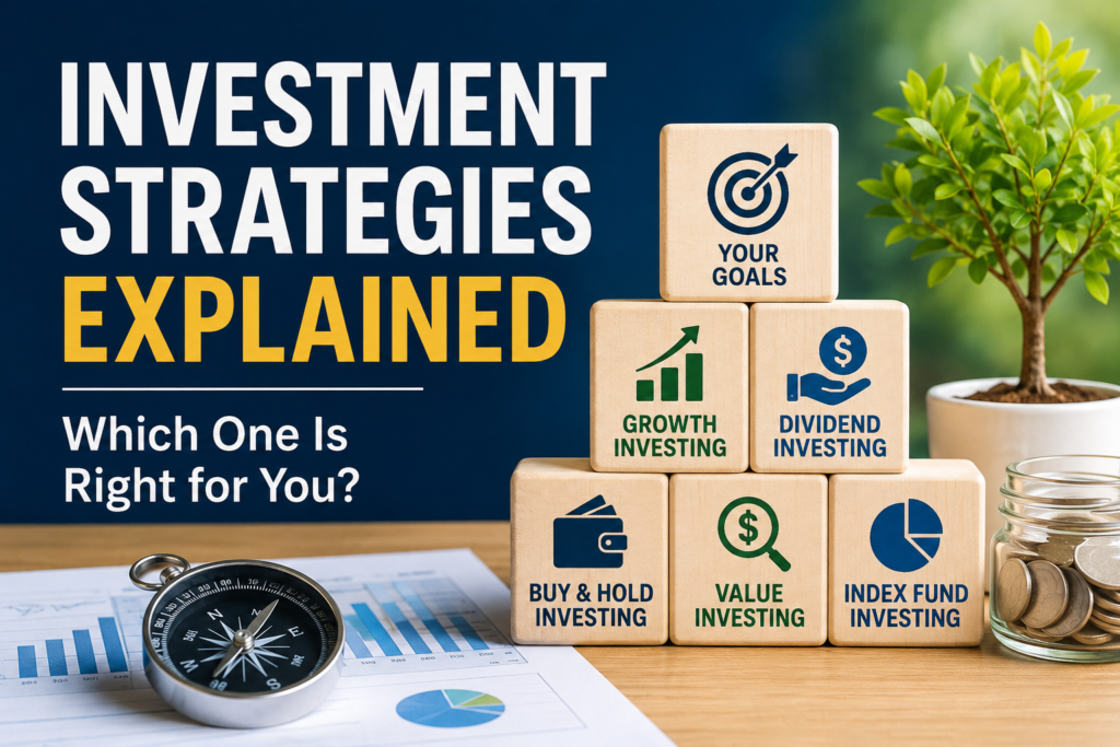 Investment strategies explained with blocks labeled goals, investment steps, growth investing, dividend investing, buy & hold, value investing, and index fund investing—ideal for the new investor. Chart and coins shown.