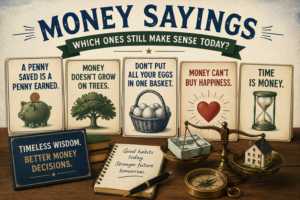 A revealing display of classic money sayings on cards with related objects, including a piggy bank, tree, basket of eggs, cash, hourglass, and a notebook about good habits—each item inspired by ancient wisdom on managing wealth.