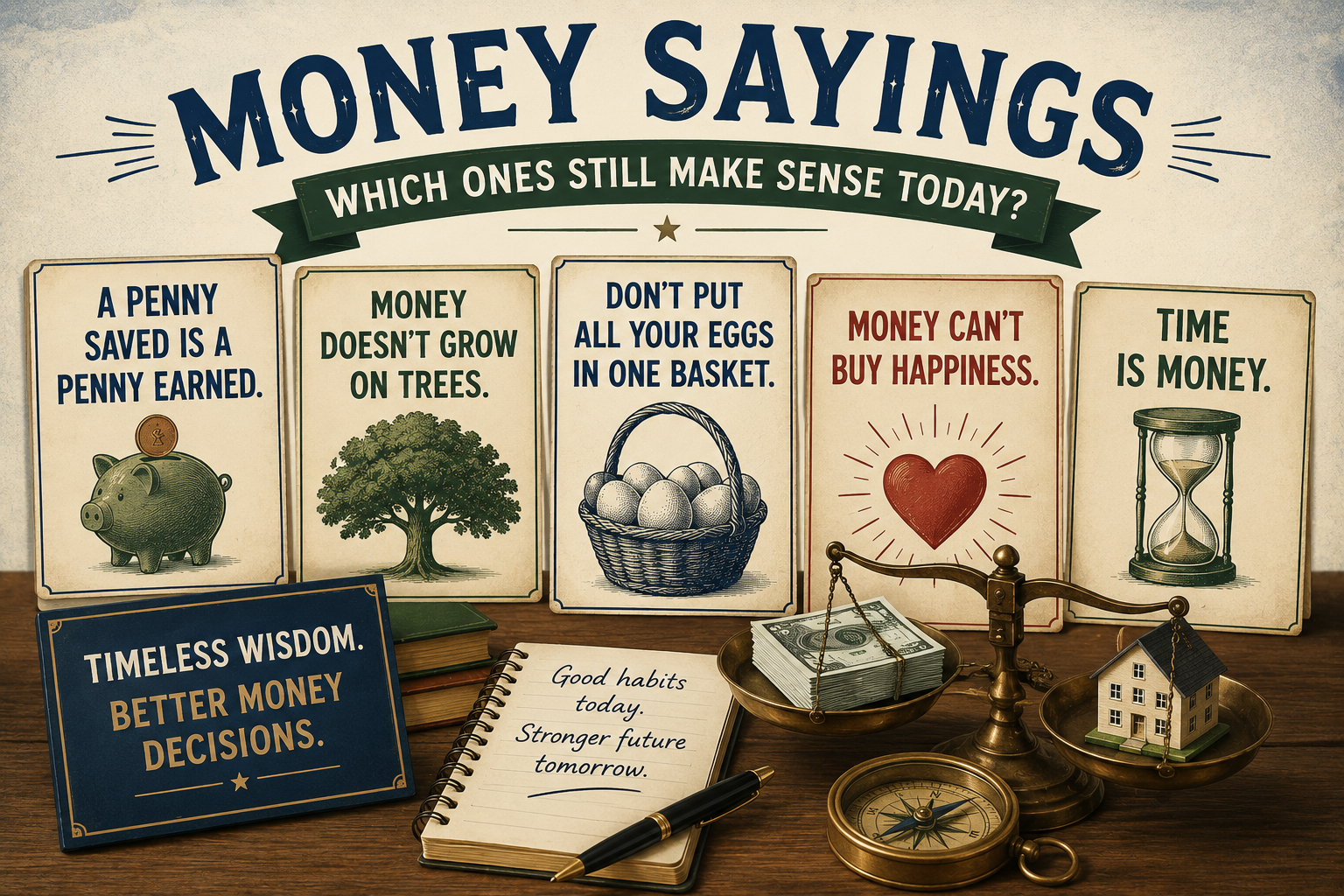 A revealing display of classic money sayings on cards with related objects, including a piggy bank, tree, basket of eggs, cash, hourglass, and a notebook about good habits—each item inspired by ancient wisdom on managing wealth.
