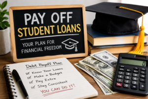 Chalkboard reads "Pay Off Student Loans." Nearby are a graduation cap, books, cash, a calculator, and a notepad with an expert debt-crushing strategy payoff plan.