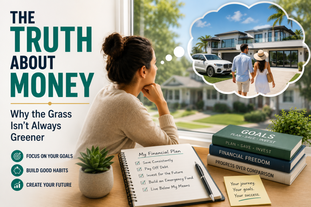 A woman looks out a window at a couple approaching a luxury home, with financial truth and goal-setting books on her desk. Graphics highlight money management tips and personal finance goals, dispelling the greener grass myth that more money always leads to greater happiness.