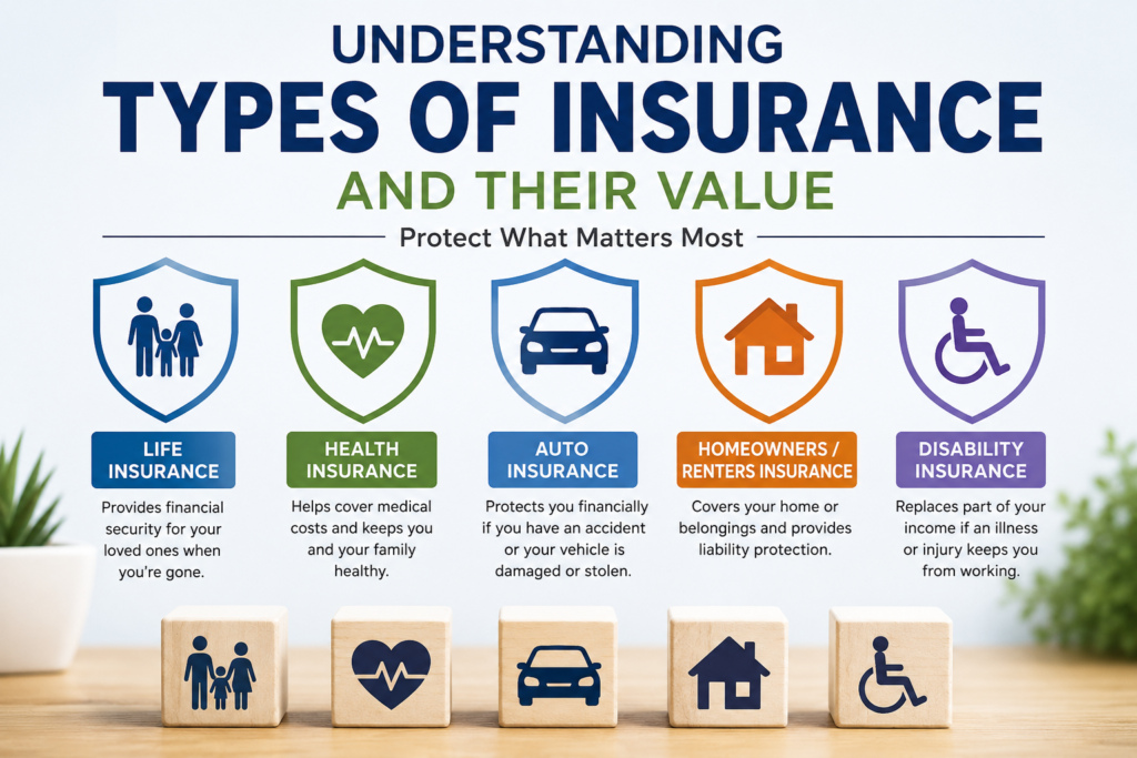 Infographic titled Understanding Types of Insurance and Their Value, with five shield icons for life, health, auto, home/renters, and disability insurance.