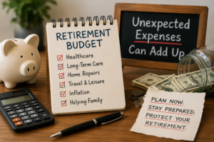 Retirement budget checklist on notepad, piggy bank, calculator, cash, coins, and notes about unanticipated retirement costs and retirement planning on a desk.