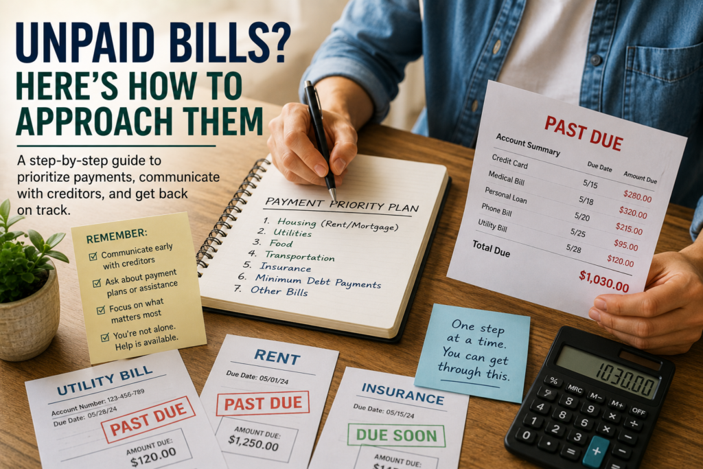 Person organizing unpaid bills at a desk with a payment plan notebook, calculator, overdue notices, and a reminder card for managing unpaid bills, illustrating effective strategies for how to approach unpaid bills.