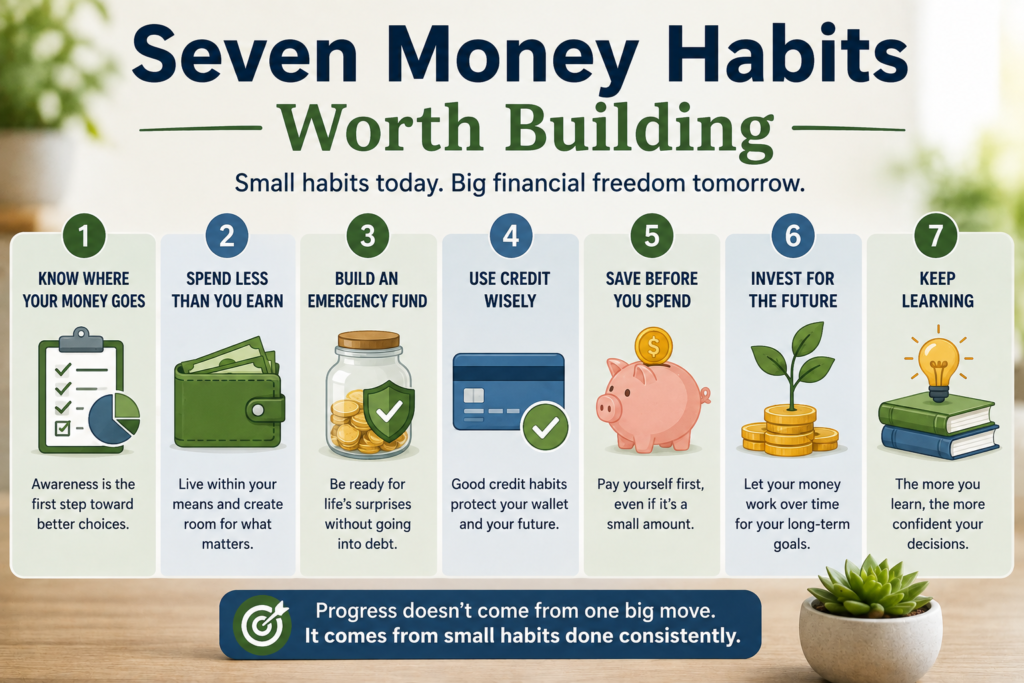 Infographic listing seven money habits to end bad money habits: know your expenses, spend less, build an emergency fund, use credit wisely, save before spending, invest for the future, and keep learning.