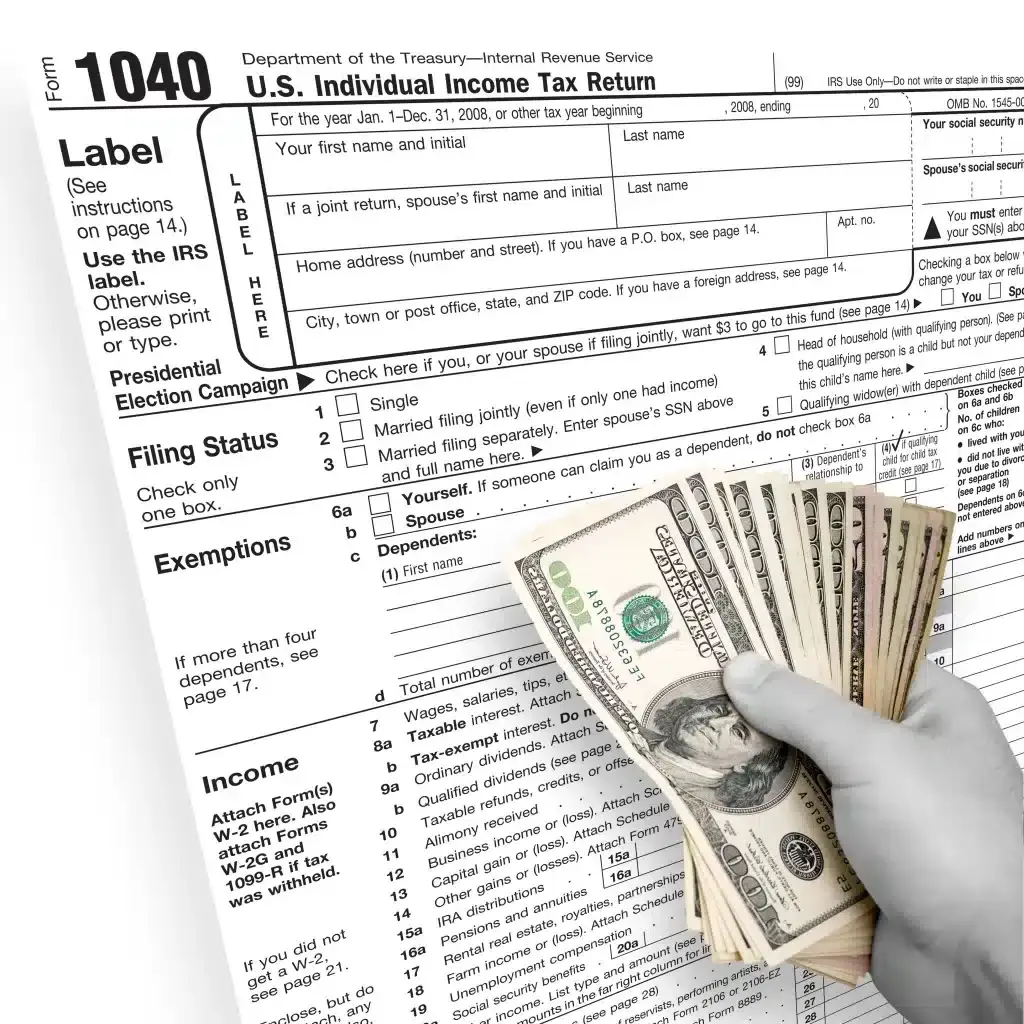 A hand holding a 1040 tax form and money. Tax Prep