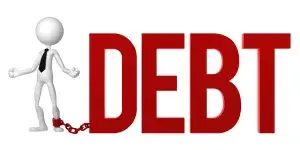 A man is chained to a chain with the word debt.