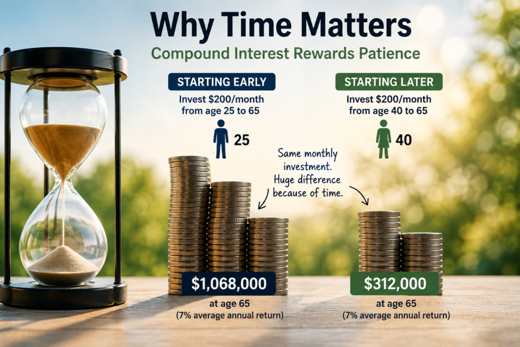Infographic comparing compound interest: investing 0/month from age 25 grows to  alt=