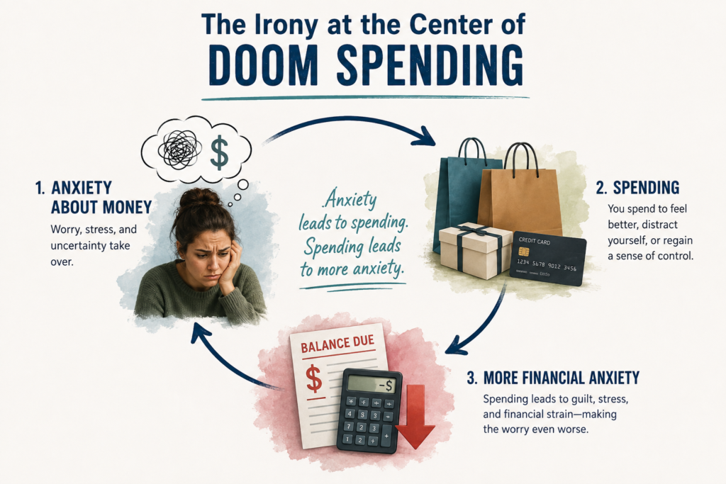 Doom Spending: Worrying About Money Means Spending More 1 Infographic showing a money-anxiety cycle: worry about money leads to shopping, debt, and escalating financial anxiety.