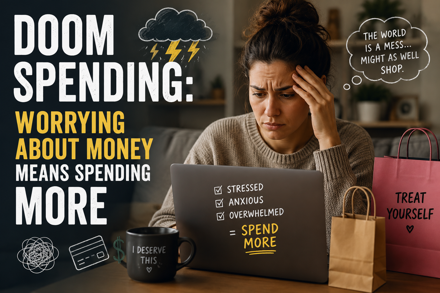 A worried woman at a laptop labeled with stress symptoms and “spend more,” surrounded by shopping bags; text warns about the dangers of Doom Spending in 2023 and highlights the importance of maintaining perspective amid money anxiety.