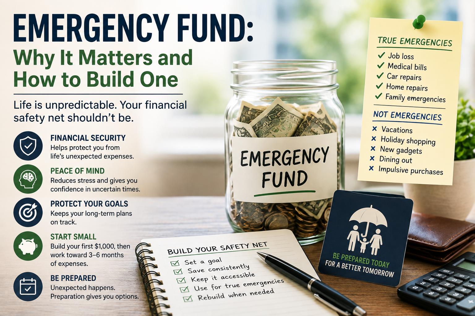 A labeled jar filled with cash, symbolizing an emergency fund and financial security, sits next to lists of true versus non-emergencies and tips for building an emergency fund, all arranged on a table with a plant and a preparedness brochure.