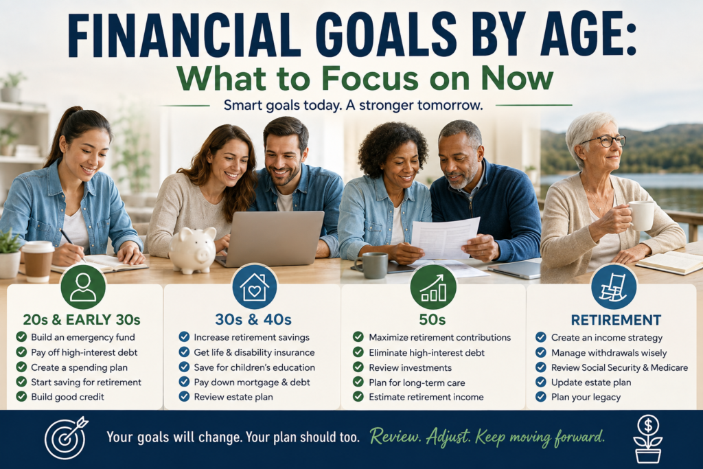 Five adults sit at a table with papers and mugs, under a chart listing financial goals for each life stage: 20s, 30s & 40s, 50s, and retirement, with brief tips to help achieve money wins at every step.